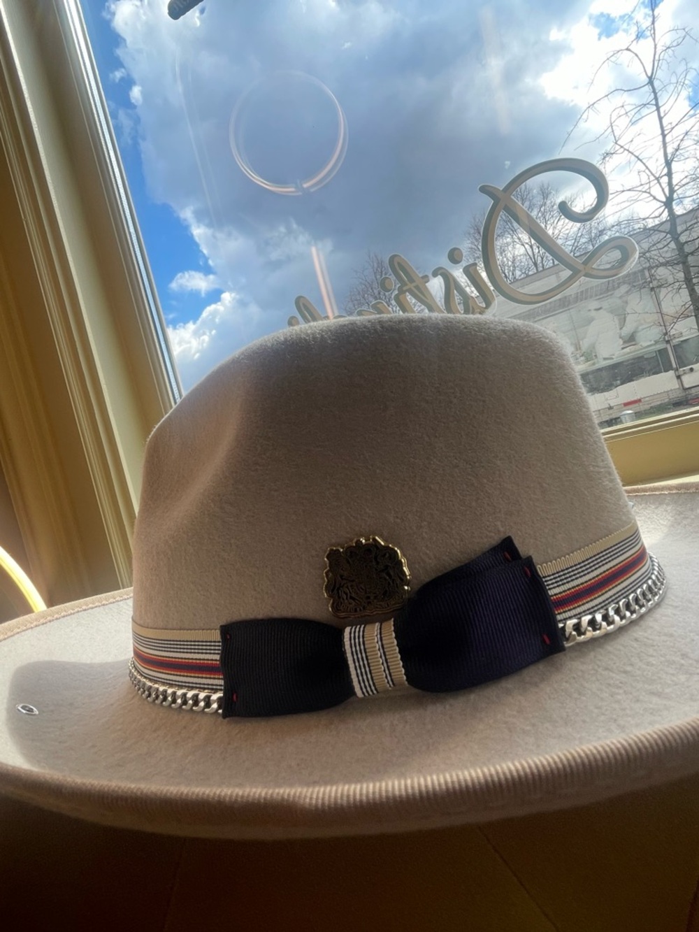Taupe Wool Fedora with Navy Bow Trim